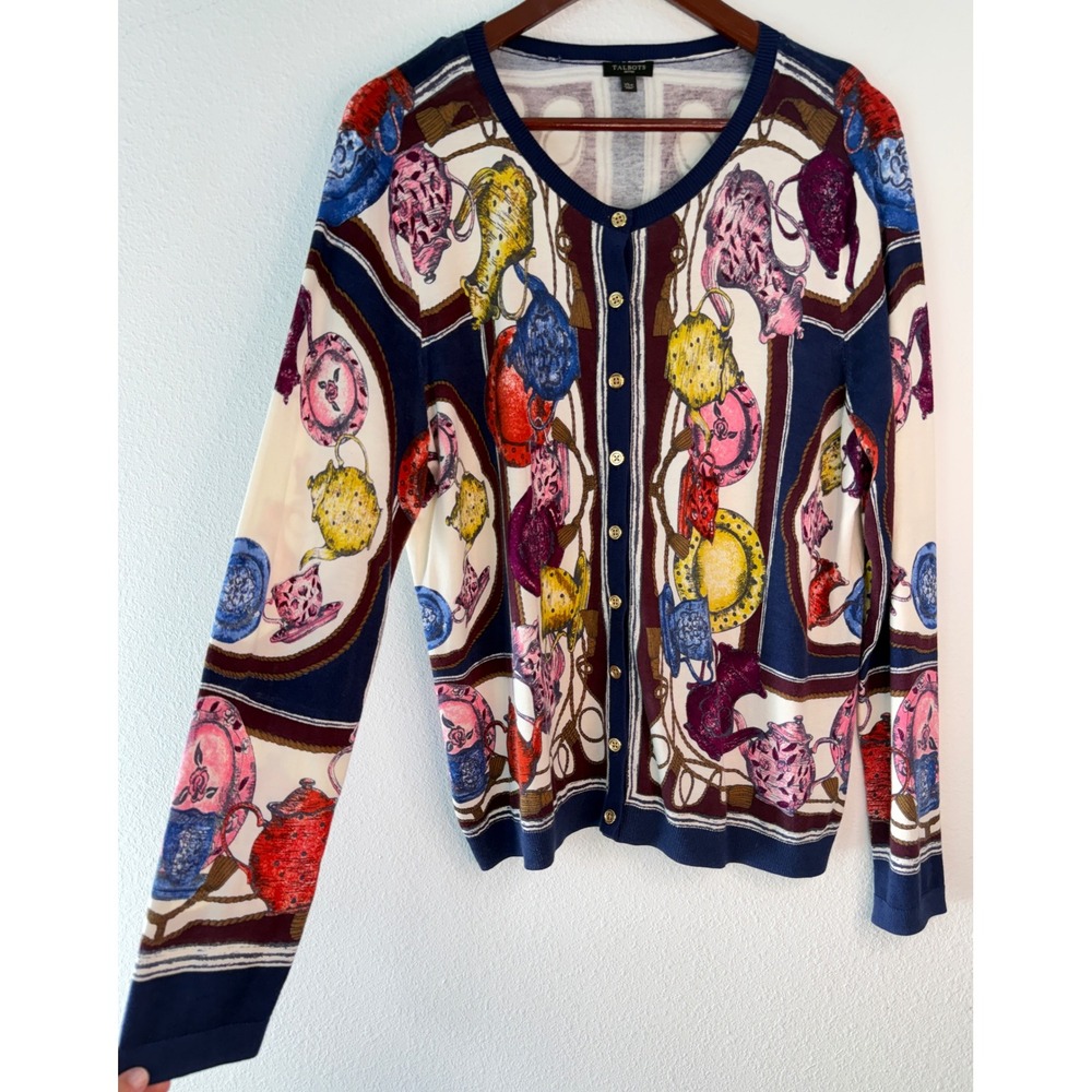 Talbots Tea Party Charming Cardigan Teapot Novelty Print Blue Multi Buttons XLP